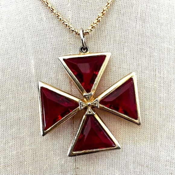 Maltese  red and gold tone Cross pendant necklace - Picture 1 of 11
